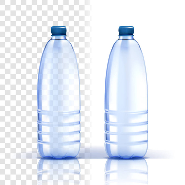 Plastik şişe vektör. Sağlıklı, doğal. Daha mavi Klasik su şişesi kapağı ile. İçki, içecek, sıvı, Soda, meyve suyu için kapsayıcı. Marka tasarım. Gerçekçi izole şeffaf şekil - Vektör, Görsel