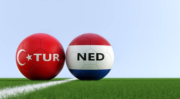 Törökország vs holland labdarúgó mérkőzés - futball-labdák, Törökország és a holland nemzeti színekben a futballpályán. Másolja a hely a jobb oldalon - 3d renderelés  - Fotó, kép