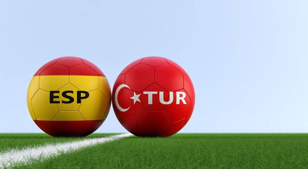 Törökország vs. Spanyolország labdarúgó mérkőzés - futball-labdák, Törökország és Spanyolország nemzeti színekben a futballpályán. Másolja a hely a jobb oldalon - 3d renderelés  - Fotó, kép