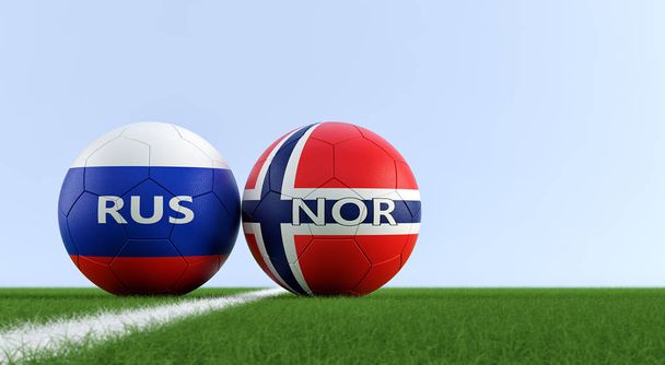 Venäjä vs. Norja Soccer Match - Jalkapallo pallot Venäjällä ja Norjassa kansalliset värit jalkapallokenttä. Kopioi tilaa oikealla puolella - 3D Renderöinti
  - Valokuva, kuva