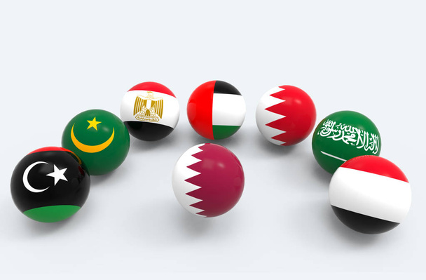 3D-Darstellung. Katar Länderfahne umgeben von einigen Flaggen des Mittleren Ostens Kugelbälle auf grauem Hintergrund. - Foto, Bild
