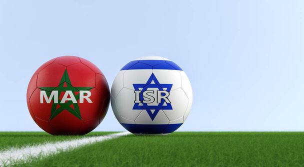 Israel vs. Marokko Soccer Match - Jalkapallo pallot Israelissa ja Marokossa kansallisia värejä jalkapallokenttä. Kopioi tilaa oikealla puolella - 3D Renderöinti
  - Valokuva, kuva