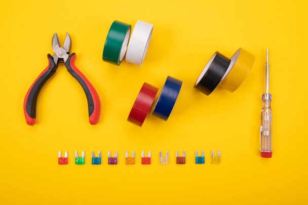 Set of electrical tool on colorful background - Photo, Image