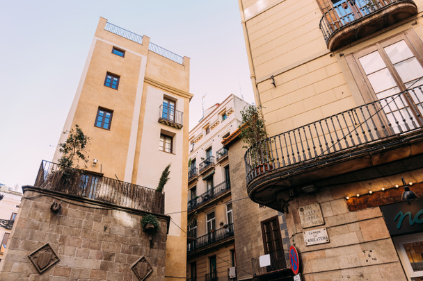 stone houses with balconies on quite street, barcelona, spain - Photo, Image