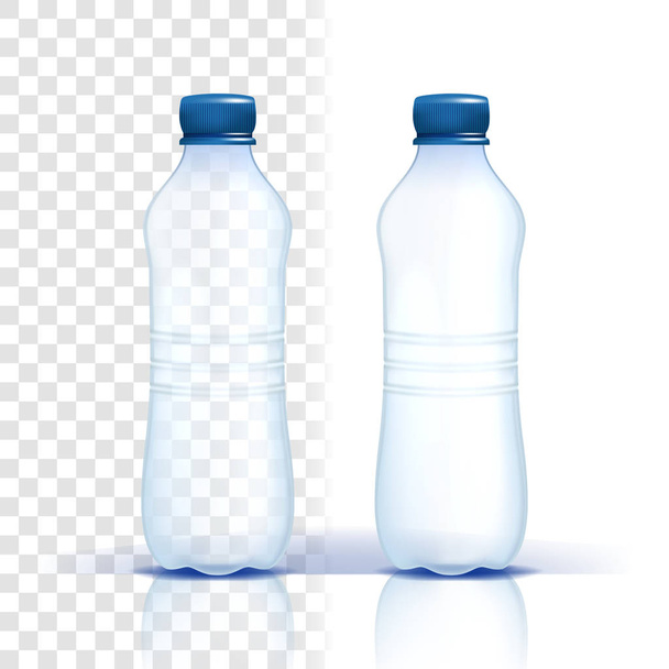 Plastic Bottle Vector. Empty Label. Bluer Classic Water Bottle With Cap. Container For Drink, Beverage, Liquid, Soda, Juice. Branding Design. Realistic Isolated Transparent Illustration - Vektor, kép