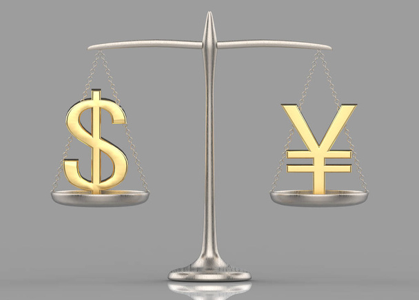3d rendering. golden US dollar and chinese yuan currency sign comparing on balance scale. - Photo, Image