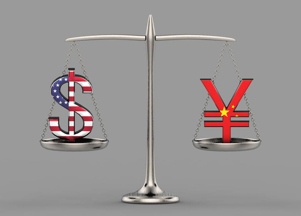 3D рендеринг. цвет флага Доллар США и китайский юань знак валюты сравнения по шкале баланса
. - Фото, изображение