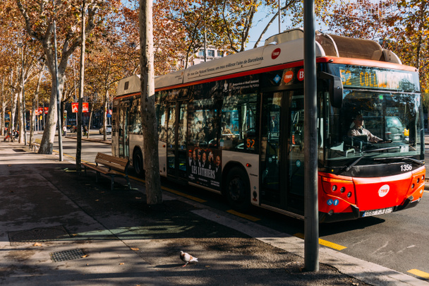 BARCELONA, SPAIN - DECEMBER 28, 2018: bus moving on city road on sunny day - Foto, afbeelding