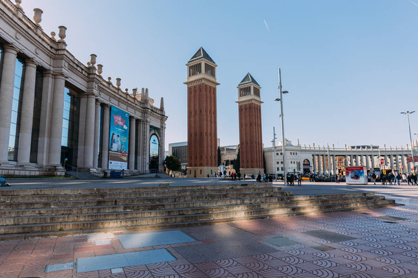 BARCELONA, SPAIN - DECEMBER 28, 2018: Plaza de Espana with gorgeous Torres Venecianes, one of the most beautiful city landmarks - Photo, image