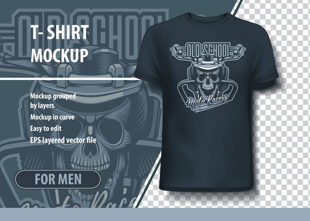 Vintage Old School Moto Racers with skull and motorcycle . Fully editable T-Shirt template. - Vector, Image