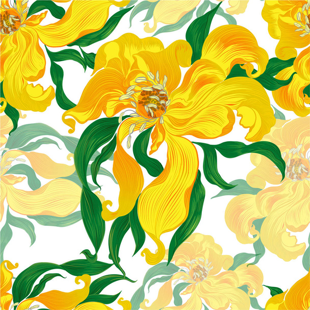 Vector. Fantasy flowers - decorative composition. Flowers with long petals. Wallpaper. Seamless patterns Use printed materials, patterns for fabrics, posters, cards, packaging. - Vektor, Bild