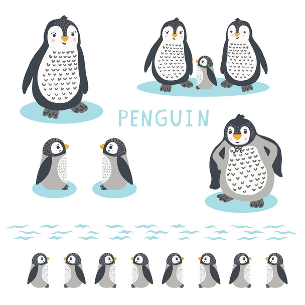 Aranyos rajzfilm pingvin családi vektoros illusztráció. Kézzel rajzolt kawaii állat - Vektor, kép