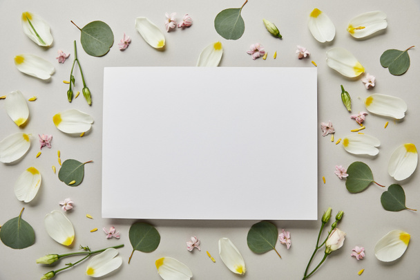 top view of blank white card with leaves and petals isolated on grey  - Photo, Image