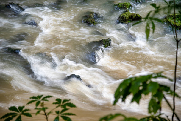 Rio de fluxo cercado por vegetação. Exposição longa com borrão
 - Foto, Imagem