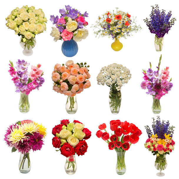 Collection of beautiful bouquets flowers in vases isolated on wh - Photo, Image