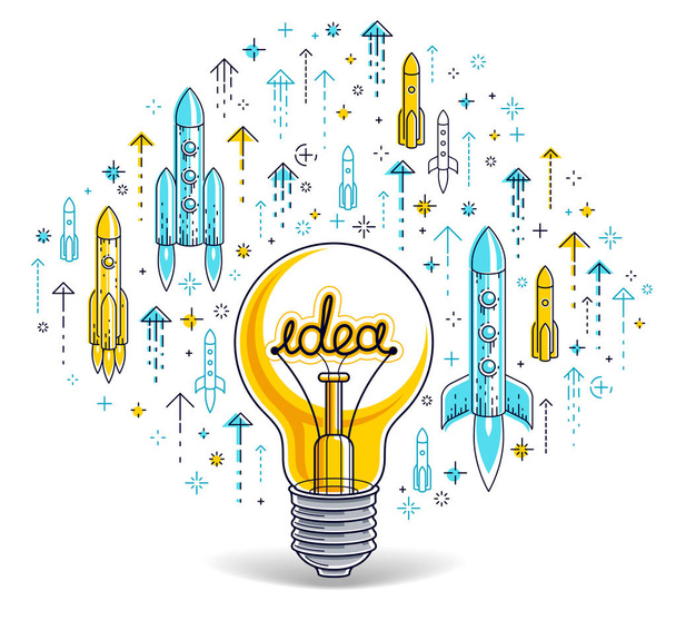 Shining light bulb and set of launching rockets, startup ideas c - Vector, Image