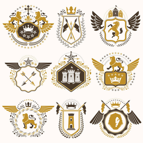 Set of vector vintage elements, heraldry labels stylized in retr - Vetor, Imagem