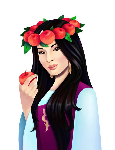 Gyönyörű ázsiai lány hosszú fekete haj, fárasztó nemzeti nő ruha, piros, érett alma a tenyerét - Fotó, kép