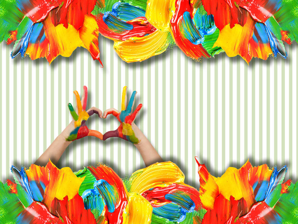 Renkli boya konturları ve bebek eller. Çağdaş sanat. Renkli doku. kalın boya yüzeyi - Fotoğraf, Görsel