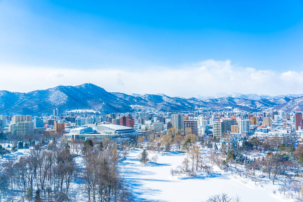 Gyönyörű építészeti épület hegyi táj városban téli szezon Sapporo Hokkaido, Japán - Fotó, kép
