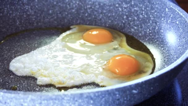 Slow motion. Frying organic egg in olive oil on frying pan. - Felvétel, videó