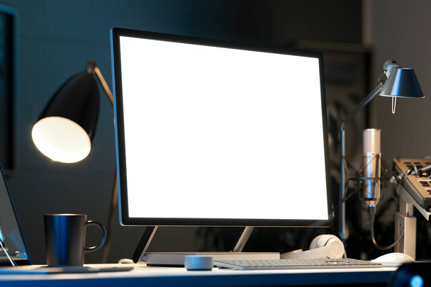 Black realistic pc with big blank monitor on desk under light. 3d rendering. - Foto, Imagem
