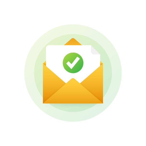 Opened envelope and document with green check mark. Verification email. Vector illustration. - Vector, Image