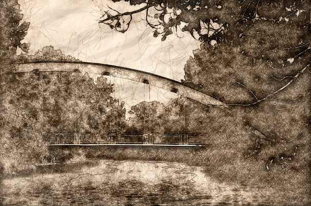 Ponte Rosso che si estende sul fiume
 - Foto, immagini