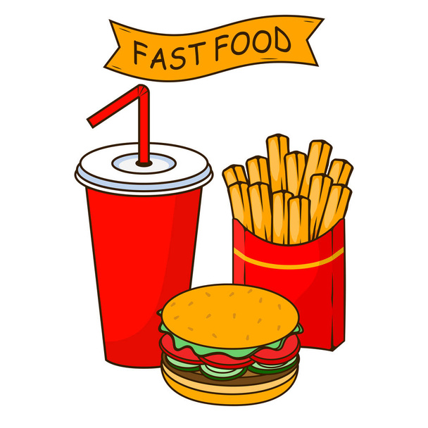 Soda cup with straw. french fries, fried potatoes in paper box, hamburger, burger - Vecteur, image