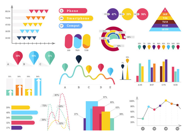 Set of most useful infographic elements - bar graphs, pie charts, steps and options, workflow, puzzle, percents, circle diagram, timeline, vector illustration. - Vector, Image
