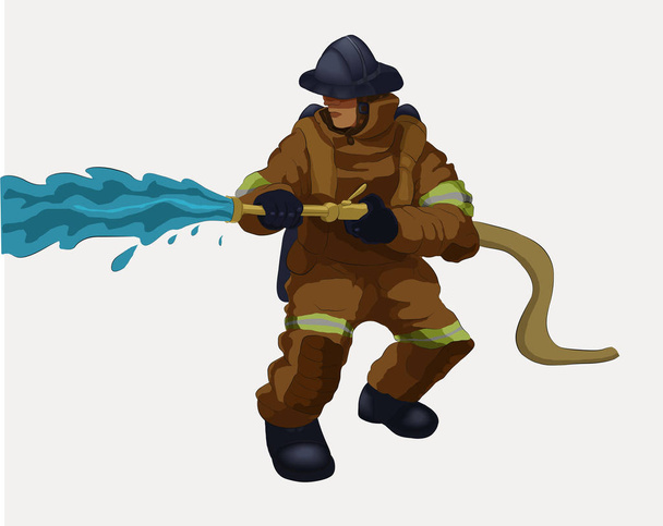 Vector illustration shows a fireman holding a water hose. - Vecteur, image