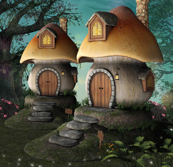 Elf houses in the shape of mushrooms  3D illustration - Photo, Image