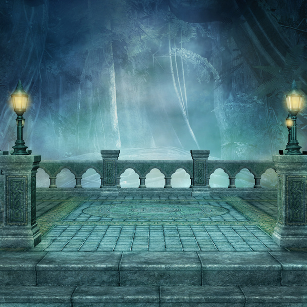 Fantasy balkonem tło z latarniami - 3d ilustracja - Zdjęcie, obraz