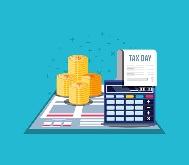 tax day with calculator and set icons - Vector, Image