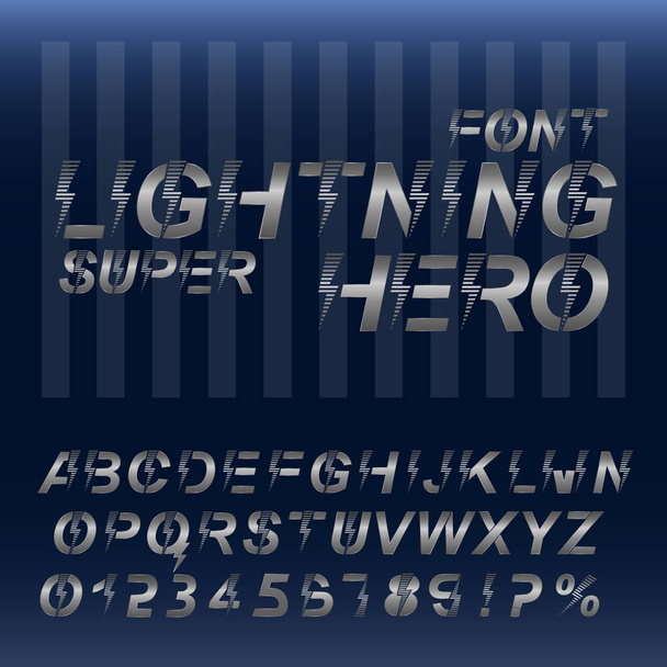 Lightning Super hero fonte alfabeto. Letras e números metálicos de prata
. - Vetor, Imagem