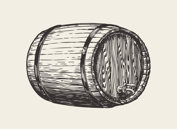 Ahşap meşe fıçı. Şarap, viski, pub kroki. Vintage vektör çizim el çekilmiş - Vektör, Görsel