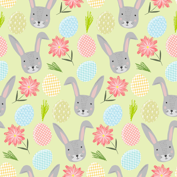Cute cartoon pattern with rabbits, eggs and flower - Vector, Image