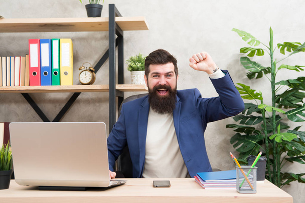 Successful job interview. Answer interview questions. Man happy bearded hr manager sit in office. Job interview concept. Tell me about yourself. Leave lasting impression. Making offer candidate - Fotoğraf, Görsel