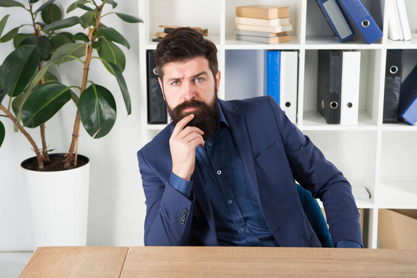 Answer common interview questions. Man bearded hr manager sit in office ask interview. Job interview concept. Can you tell me about yourself. Leave lasting impression and outperform fellow candidates - 写真・画像
