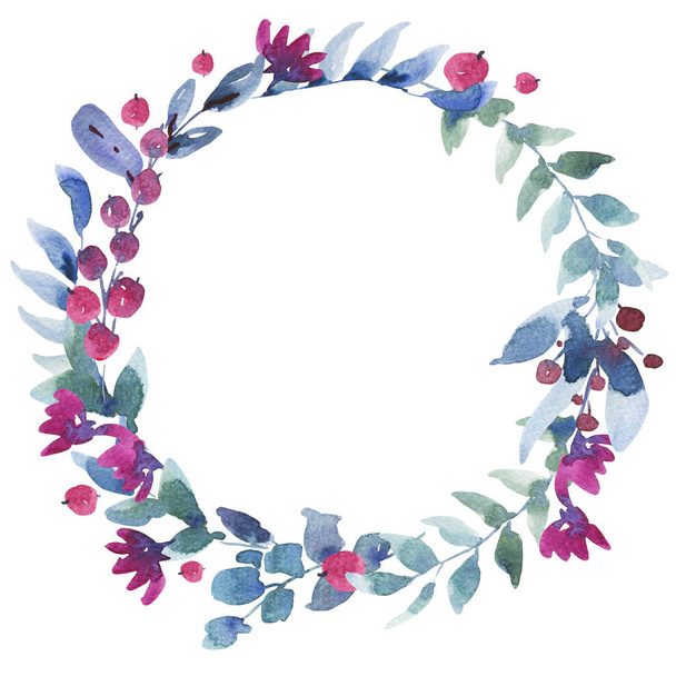 Watercolor Vintage Wreath with Berries, Wildflowers, Green Leave - Foto, Imagem