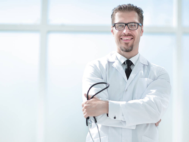 confident doctor with stethoscope - 写真・画像