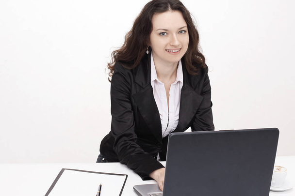 business woman working on laptop,sitting at her Desk - Fotó, kép