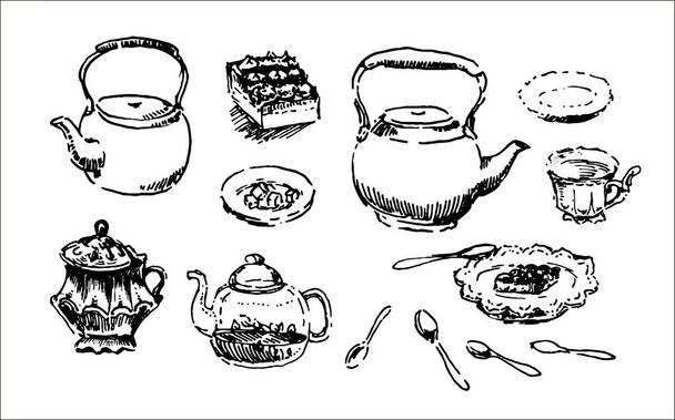 Vector Hand drawn sketch of tea pattern illustration on white background - Vetor, Imagem