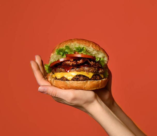 Woman hands hold big double cheeseburger barbeque sandwich with marble beef on orange red - Foto, Imagem
