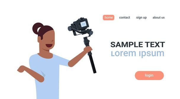 woman blogger broadcasting live stream report shooting selfie video african girl recording herself using camera gimbal stabilizer blogging concept copy space horizontal - Vector, imagen