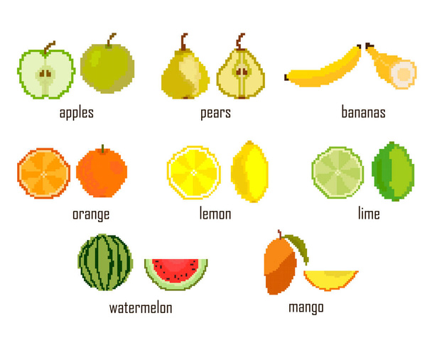Set embroidered, pixel, fruit apple, pear, banana, orange, lemon, lime, watermelon, mango on a white background. Vector - Vetor, Imagem