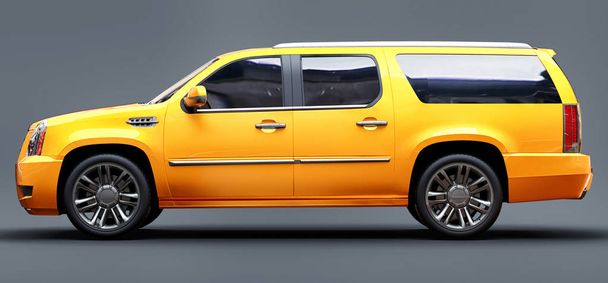 großer gelber Premium-Geländewagen auf grauem Hintergrund. 3D-Darstellung. - Foto, Bild