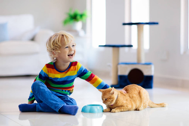 Ребенок играет с котом дома. Дети и домашние животные
. - Фото, изображение