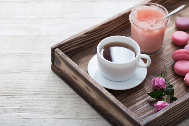 breakfast with coffee  on wooden tray - 写真・画像