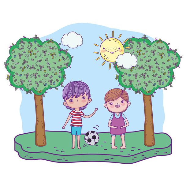 happy little boys playing soccer in the field - Vector, Image